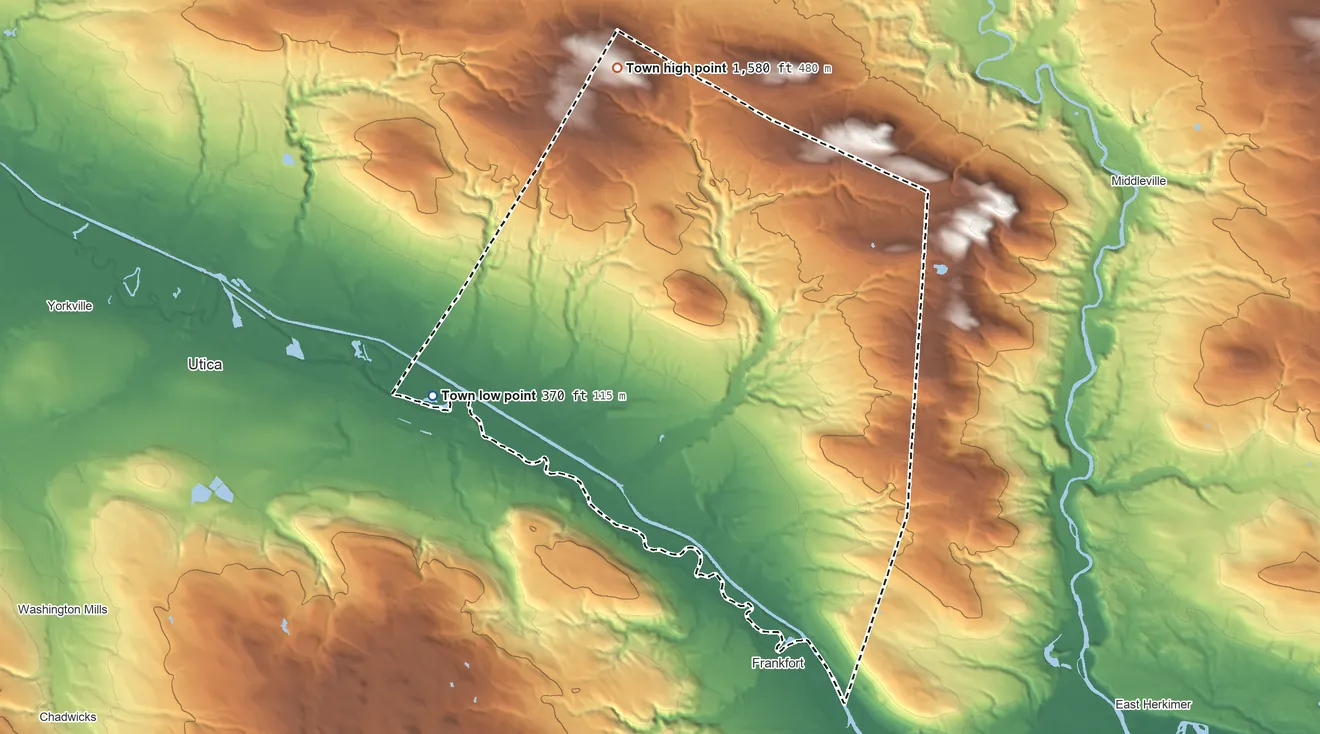 Topographic elevation map of Schuyler, New York, shaded from 370 ft on the west side to 1,580 ft on Bell Hill