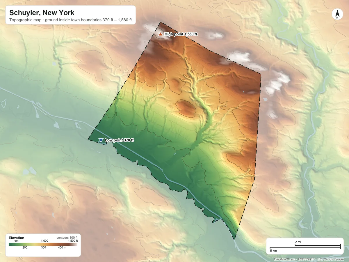 Topographic elevation map of Schuyler, New York, shaded from 370 ft on the west side to 1,580 ft on Bell Hill