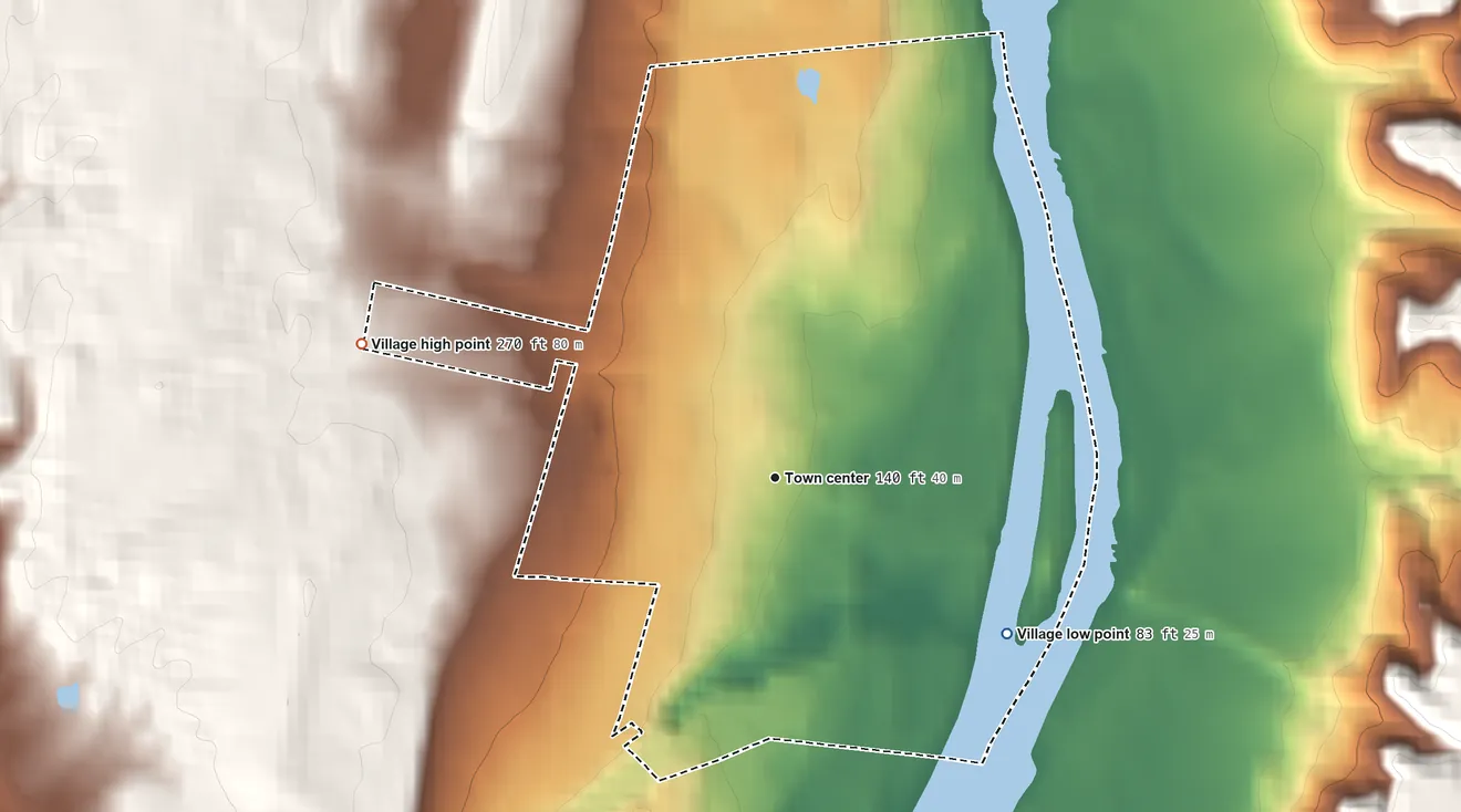 Topographic elevation map of Schuylerville, New York, shaded from 83 ft on the southeast side to 270 ft on the west side