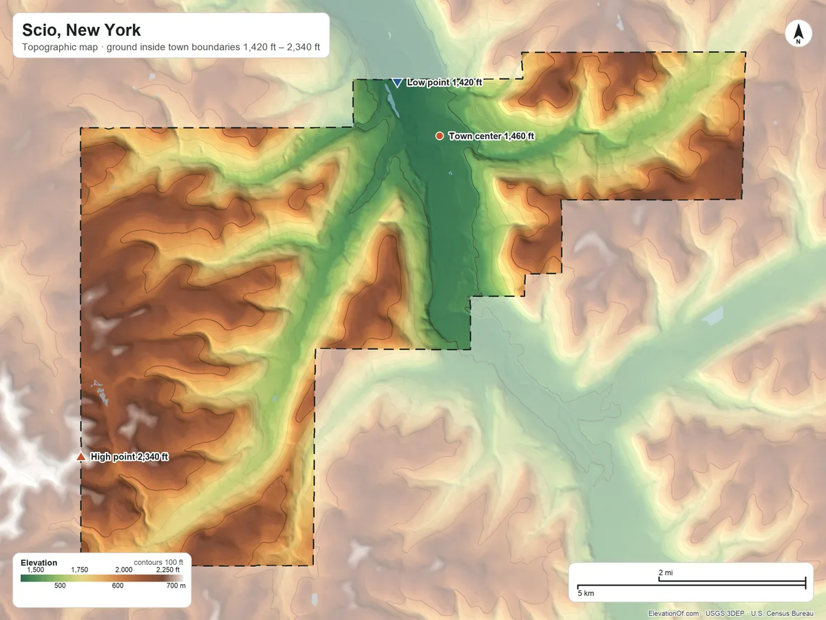 Topographic elevation map of Scio, New York, shaded from 1,420 ft near the middle to 2,340 ft on the southwest side