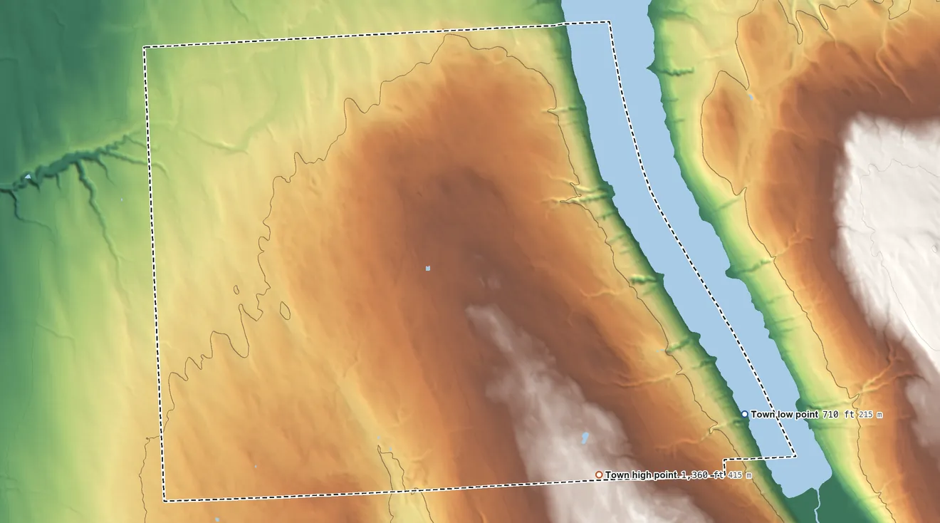 Topographic elevation map of Scipio, New York, shaded from 710 ft on the southeast side to 1,360 ft on the southeast side