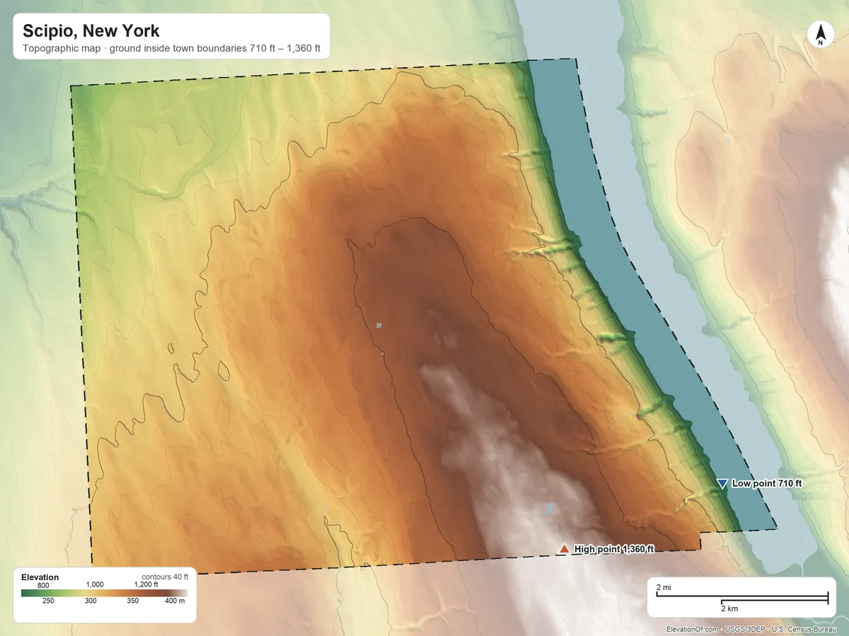 Topographic elevation map of Scipio, New York, shaded from 710 ft on the southeast side to 1,360 ft on the southeast side