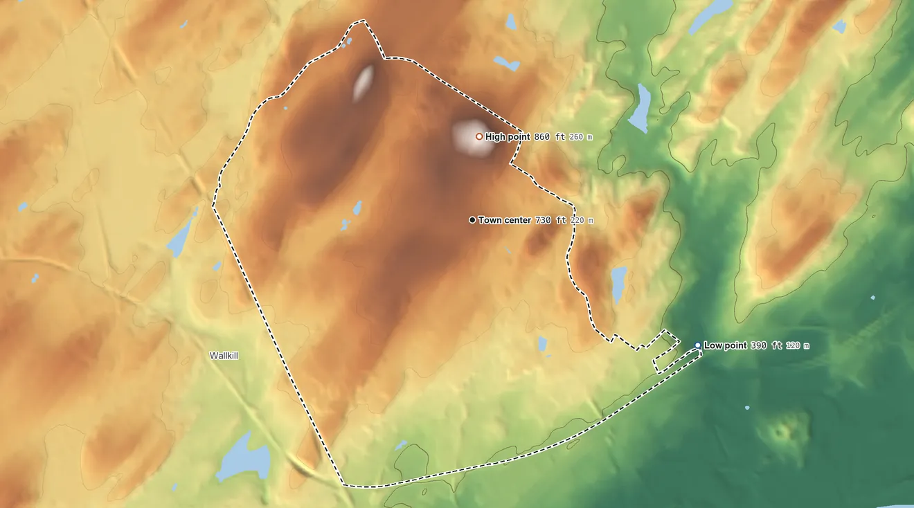 Topographic elevation map of Scotchtown, New York, shaded from 390 ft on the southeast side to 860 ft on the north side