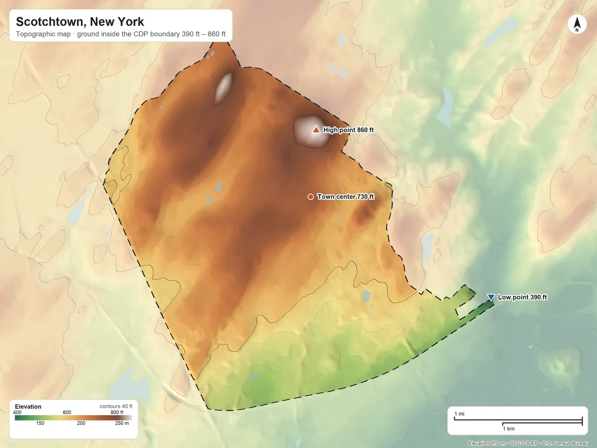 Topographic elevation map of Scotchtown, New York, shaded from 390 ft on the southeast side to 860 ft on the north side