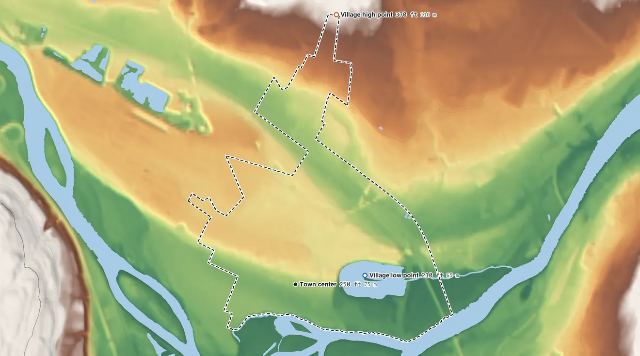 Topographic elevation map of Scotia, New York, shaded from 210 ft on the east side to 370 ft on the north side