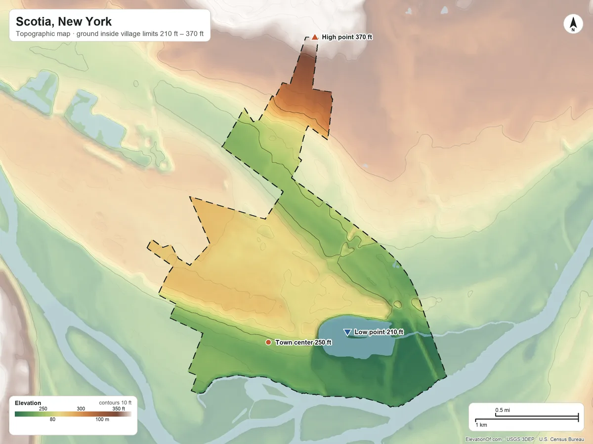 Topographic elevation map of Scotia, New York, shaded from 210 ft on the east side to 370 ft on the north side