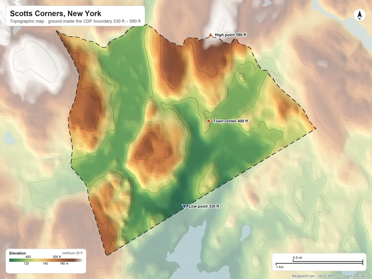 Topographic elevation map of Scotts Corners, New York, shaded from 330 ft on the south side to 590 ft on the north side