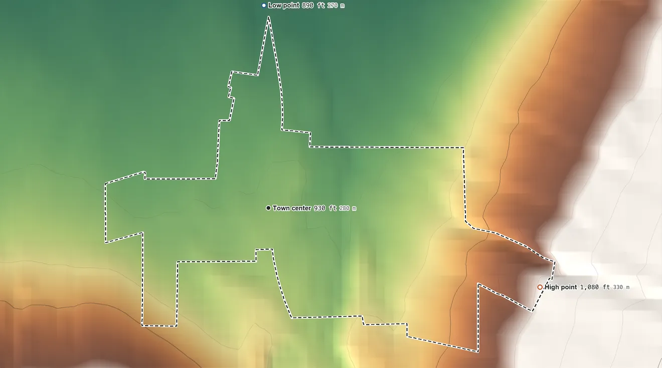 Topographic elevation map of Scottsburg, New York, shaded from 890 ft on the north side to 1,080 ft on the east edge, below higher ground just outside