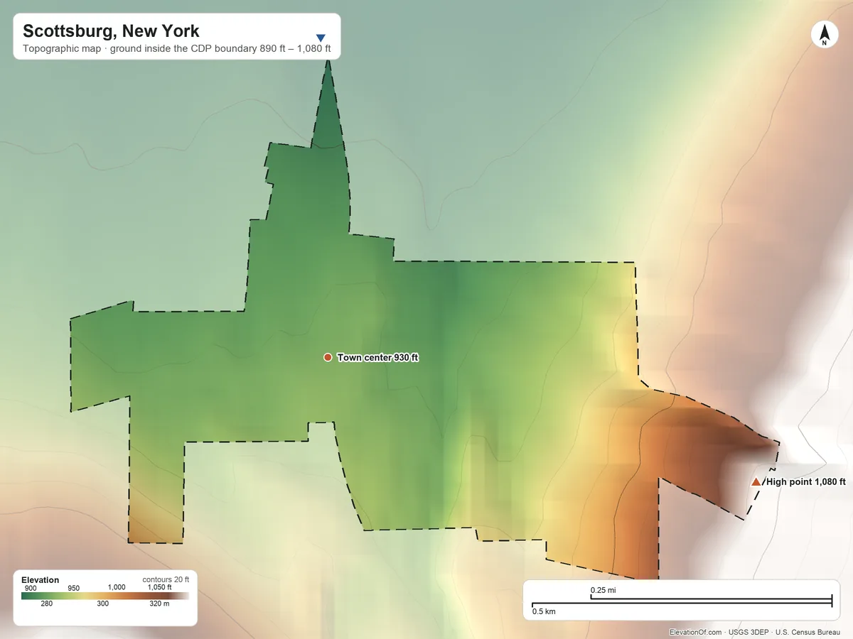 Topographic elevation map of Scottsburg, New York, shaded from 890 ft on the north side to 1,080 ft on the east edge, below higher ground just outside