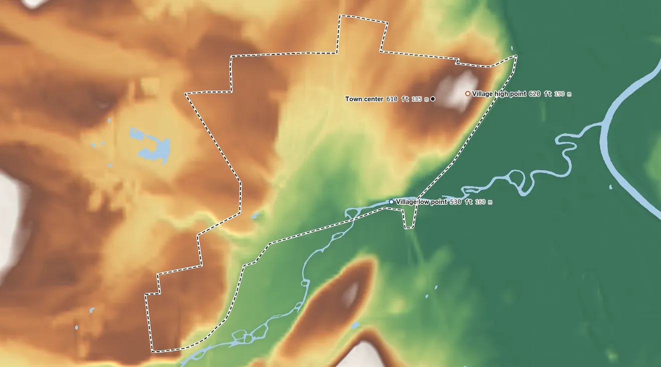 Topographic elevation map of Scottsville, New York, shaded from 530 ft on the south side to 620 ft near the middle