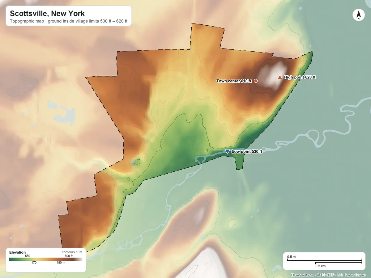 Topographic elevation map of Scottsville, New York, shaded from 530 ft on the south side to 620 ft near the middle