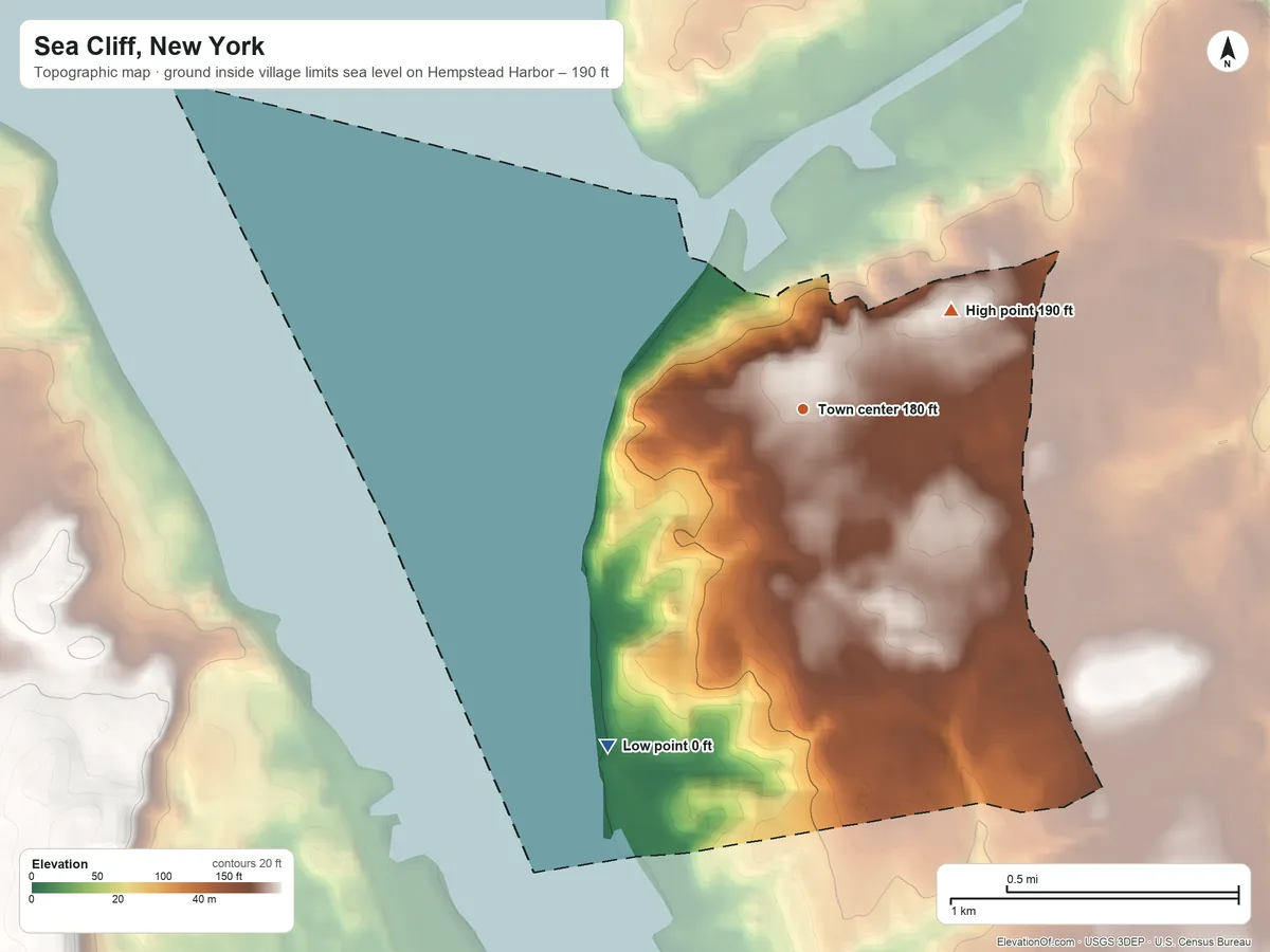 Topographic elevation map of Sea Cliff, New York, shaded from sea level level on Hempstead Harbor to 190 ft on the northeast side