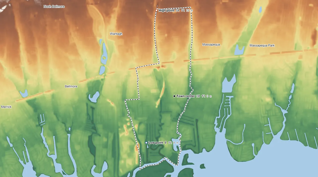Topographic elevation map of Seaford, New York, shaded from sea level level on Zachs Bay to 54 ft on the north side