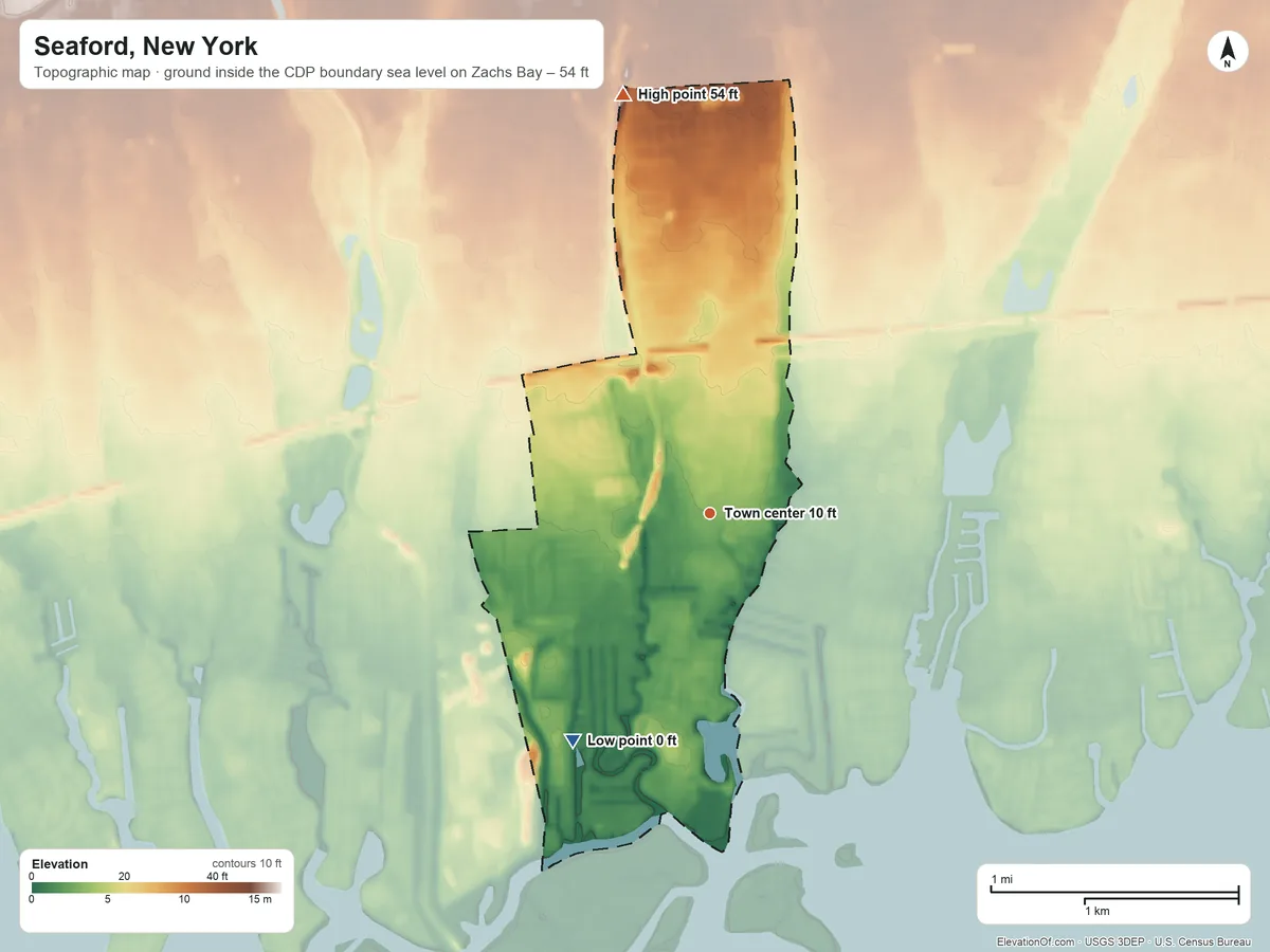 Topographic elevation map of Seaford, New York, shaded from sea level level on Zachs Bay to 54 ft on the north side