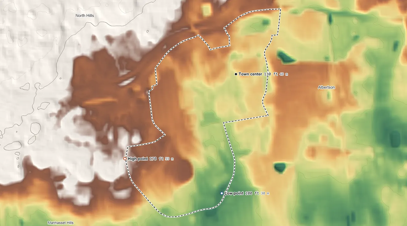 Topographic elevation map of Searingtown, New York, shaded from 100 ft on the south side to 170 ft on the southwest side