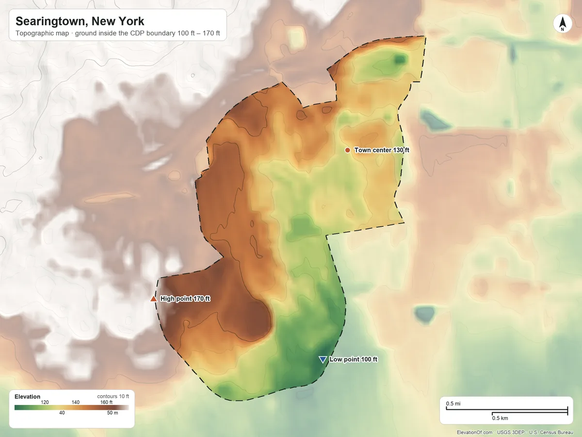 Topographic elevation map of Searingtown, New York, shaded from 100 ft on the south side to 170 ft on the southwest side