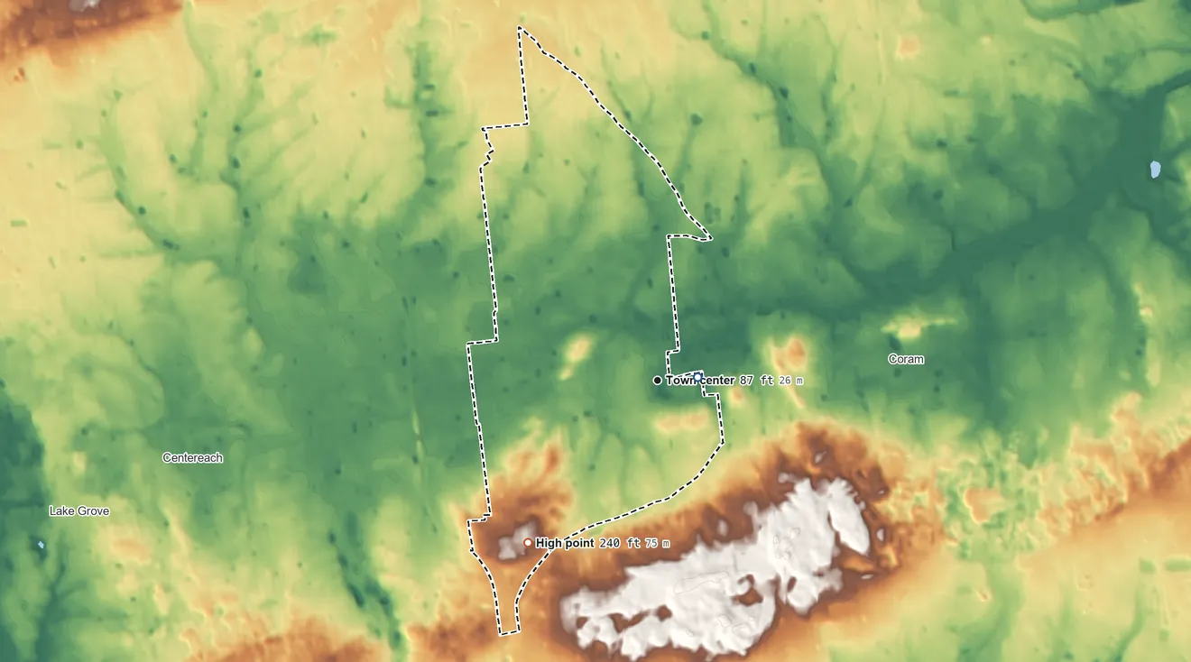 Topographic elevation map of Selden, New York, shaded from 80 ft near the middle to 240 ft on the southwest side