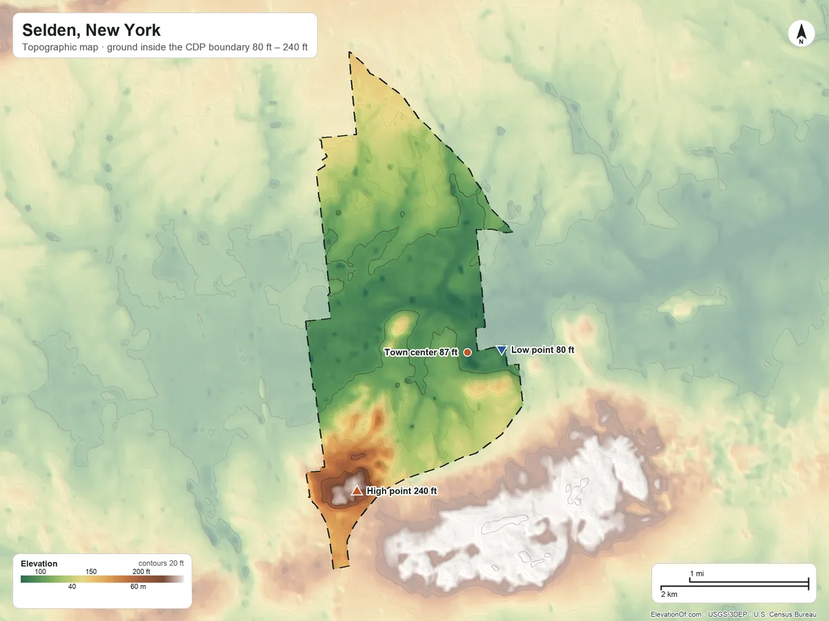 Topographic elevation map of Selden, New York, shaded from 80 ft near the middle to 240 ft on the southwest side