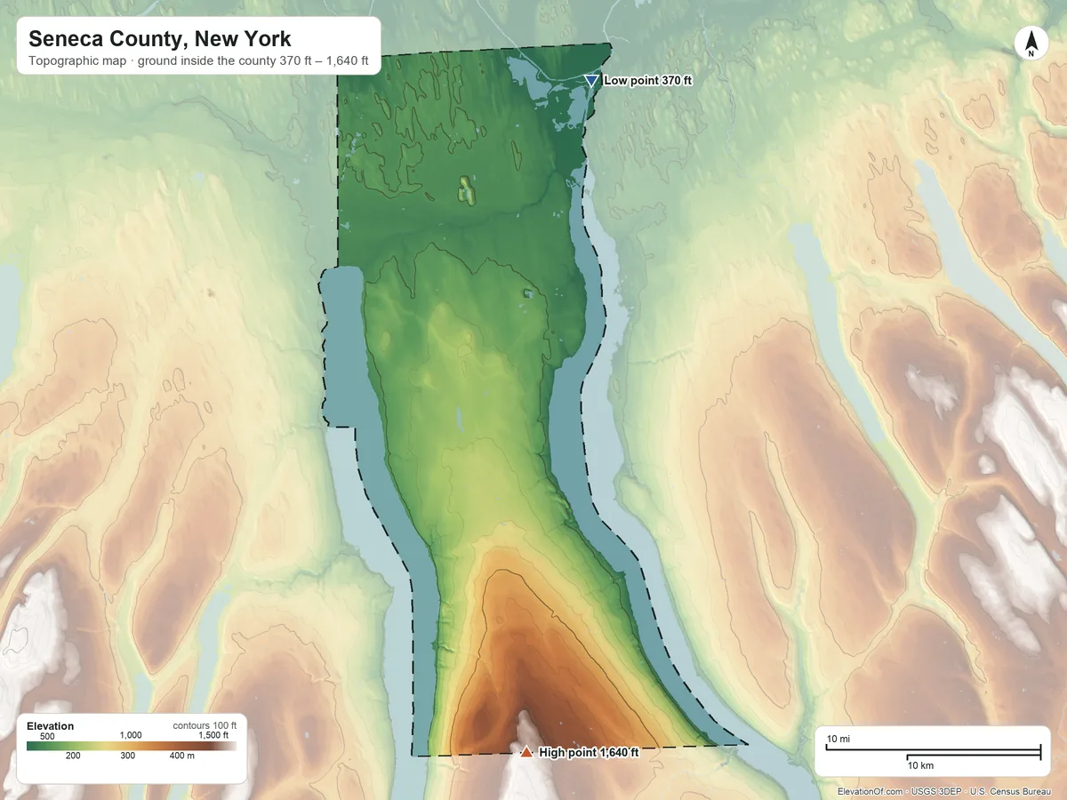 Topographic elevation map of Seneca County, New York, shaded from 370 ft on the north side to 1,640 ft on the south side