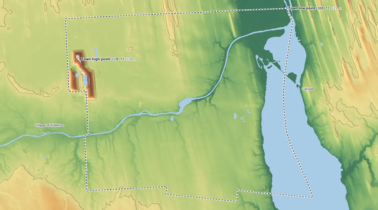 Topographic elevation map of Seneca Falls, New York, shaded from 380 ft on the northeast side to 720 ft on the northwest side
