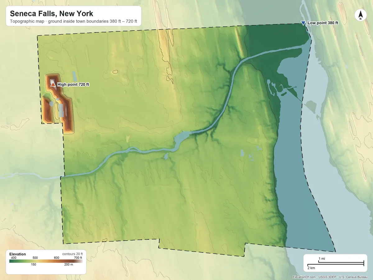 Topographic elevation map of Seneca Falls, New York, shaded from 380 ft on the northeast side to 720 ft on the northwest side
