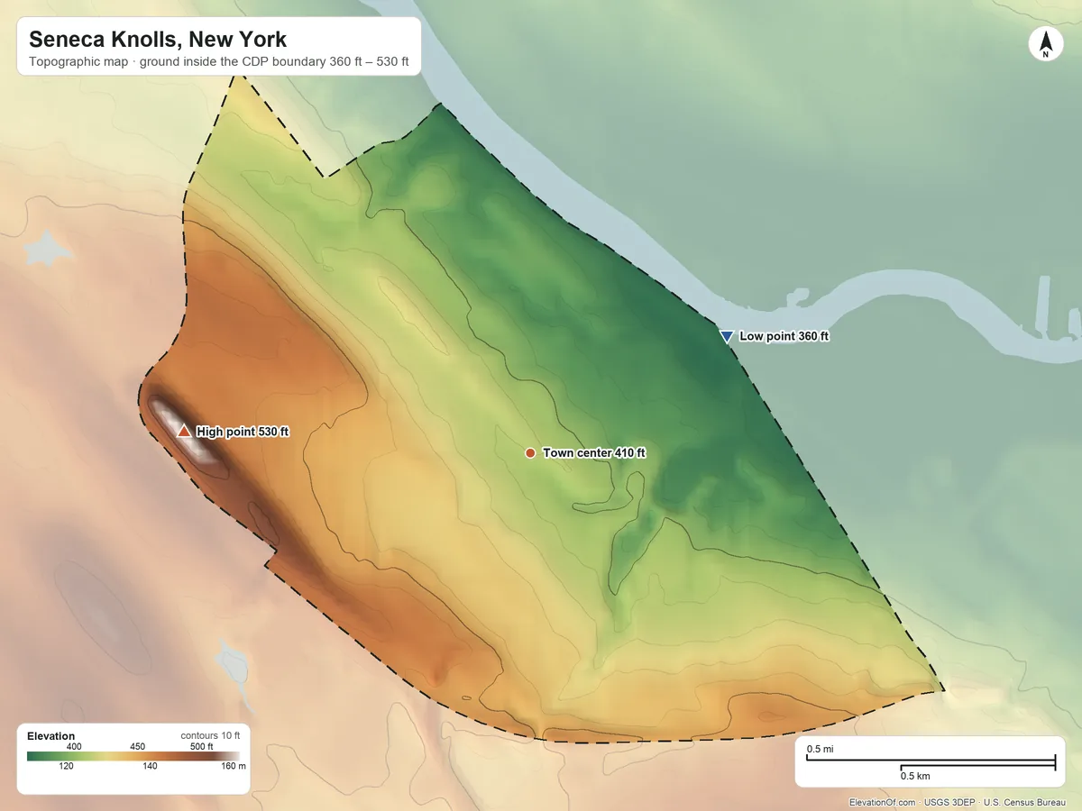 Topographic elevation map of Seneca Knolls, New York, shaded from 360 ft on the northeast side to 530 ft on the west side