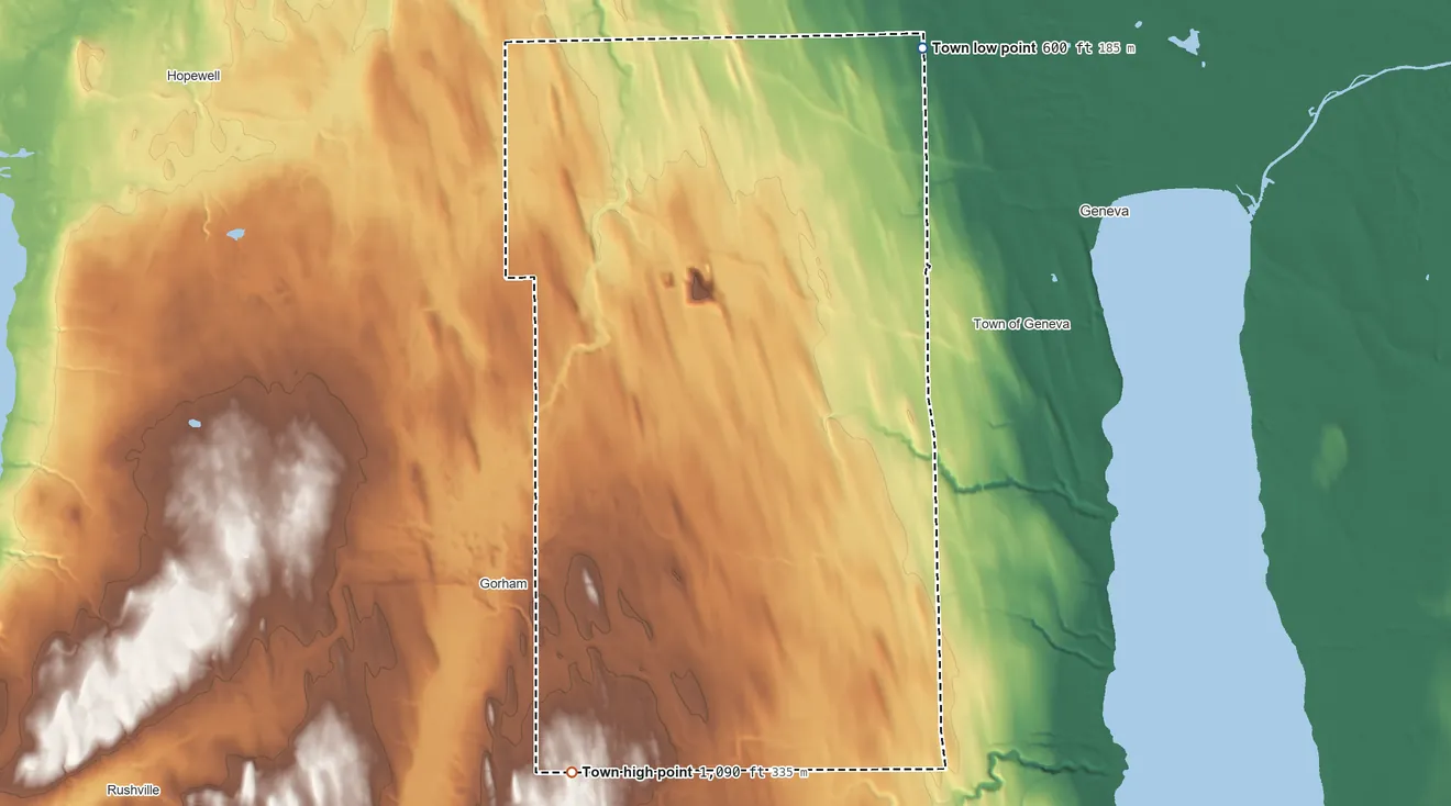 Topographic elevation map of Seneca, New York, shaded from 600 ft on the northeast side to 1,090 ft on the south side