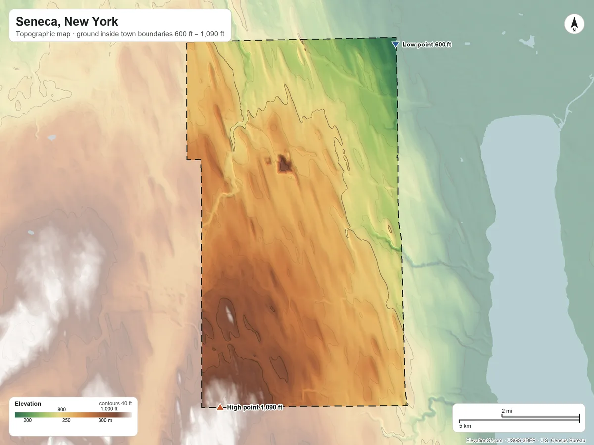 Topographic elevation map of Seneca, New York, shaded from 600 ft on the northeast side to 1,090 ft on the south side