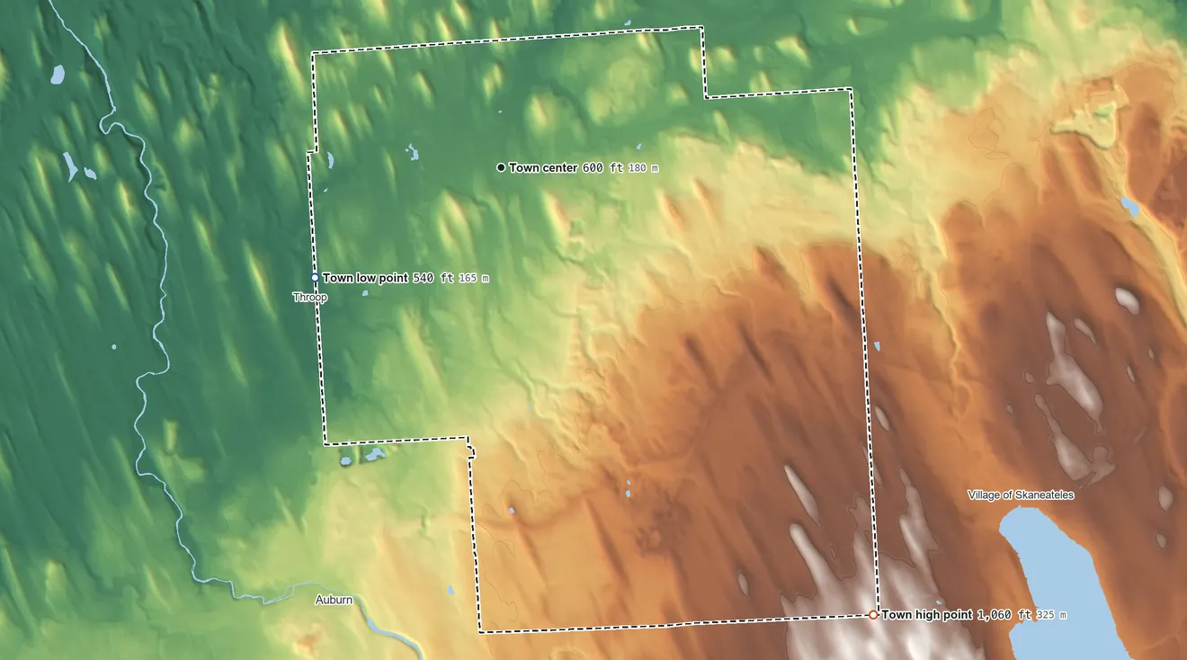 Topographic elevation map of Sennett, New York, shaded from 540 ft on the southwest side to 1,060 ft on the southeast side