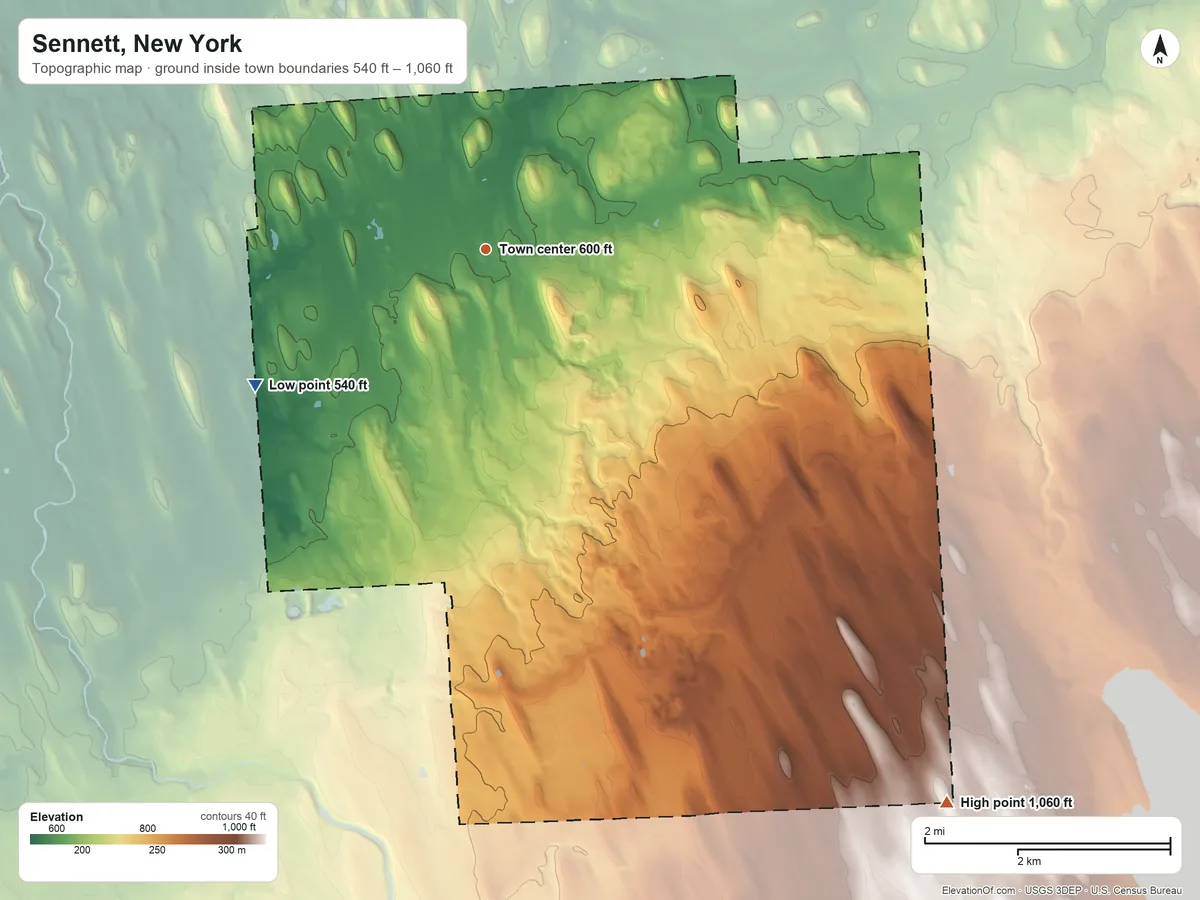 Topographic elevation map of Sennett, New York, shaded from 540 ft on the southwest side to 1,060 ft on the southeast side