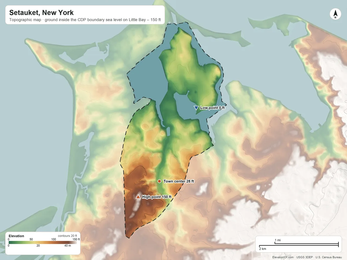 Topographic elevation map of Setauket, New York, shaded from sea level level on Little Bay to 150 ft on the southwest side