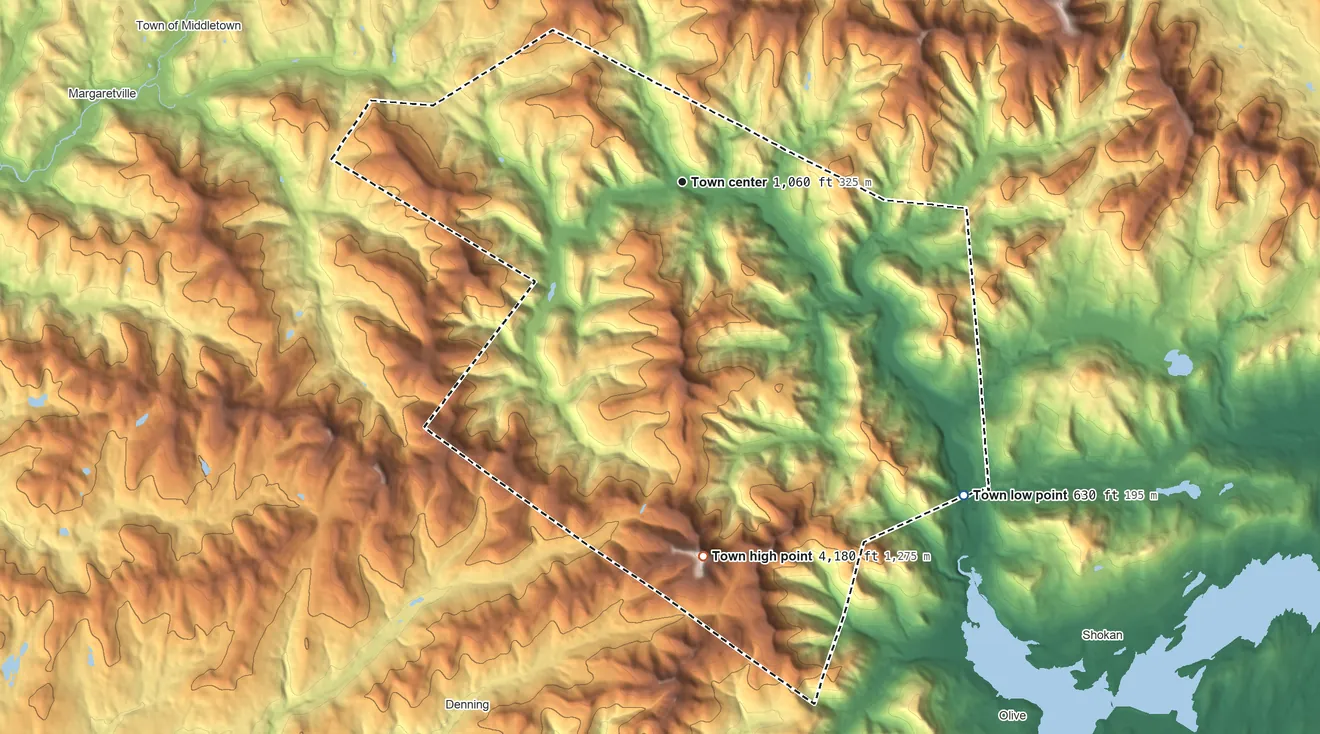 Topographic elevation map of Shandaken, New York, shaded from 630 ft on the southeast side to 4,180 ft on Slide Mountain