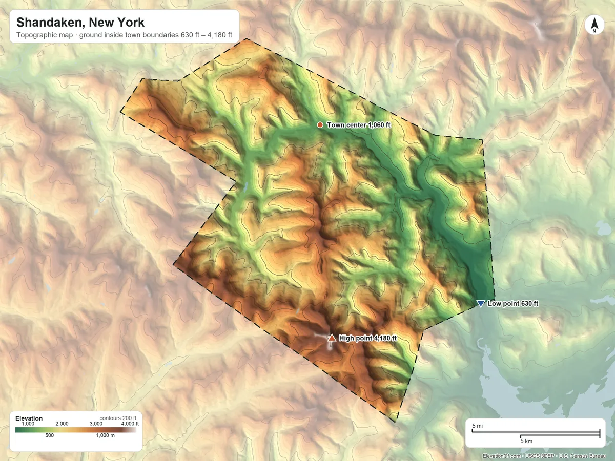Topographic elevation map of Shandaken, New York, shaded from 630 ft on the southeast side to 4,180 ft on Slide Mountain
