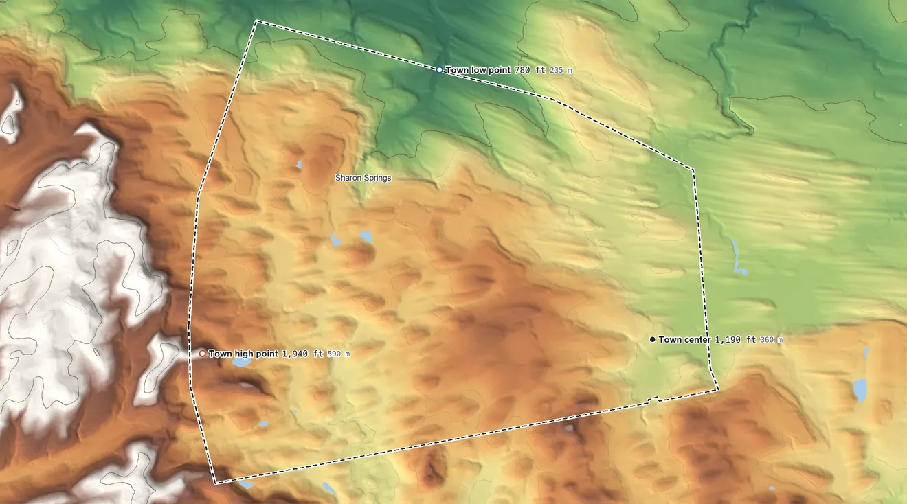 Topographic elevation map of Sharon, New York, shaded from 780 ft on the northwest side to 1,940 ft on the west side