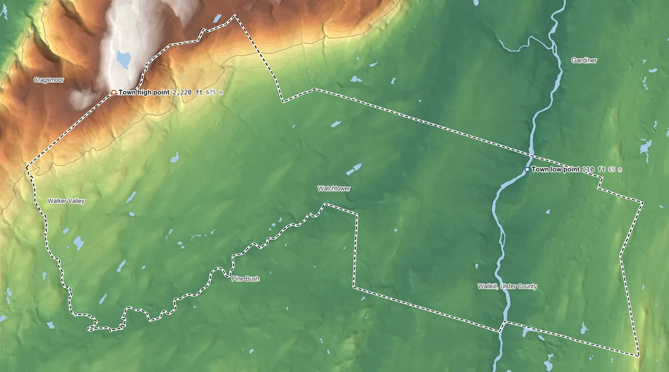 Topographic elevation map of Shawangunk, New York, shaded from 210 ft on the east side to 2,220 ft on the northwest side