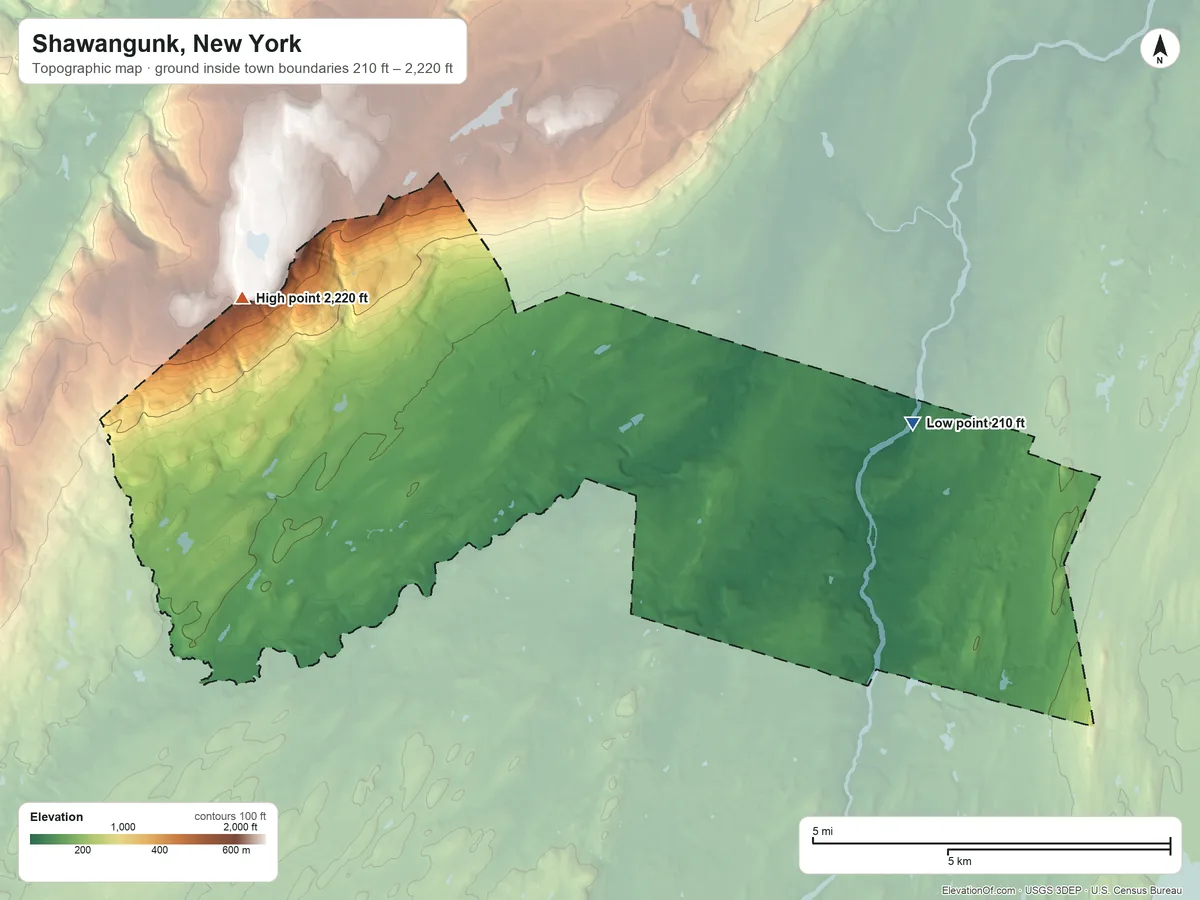 Topographic elevation map of Shawangunk, New York, shaded from 210 ft on the east side to 2,220 ft on the northwest side