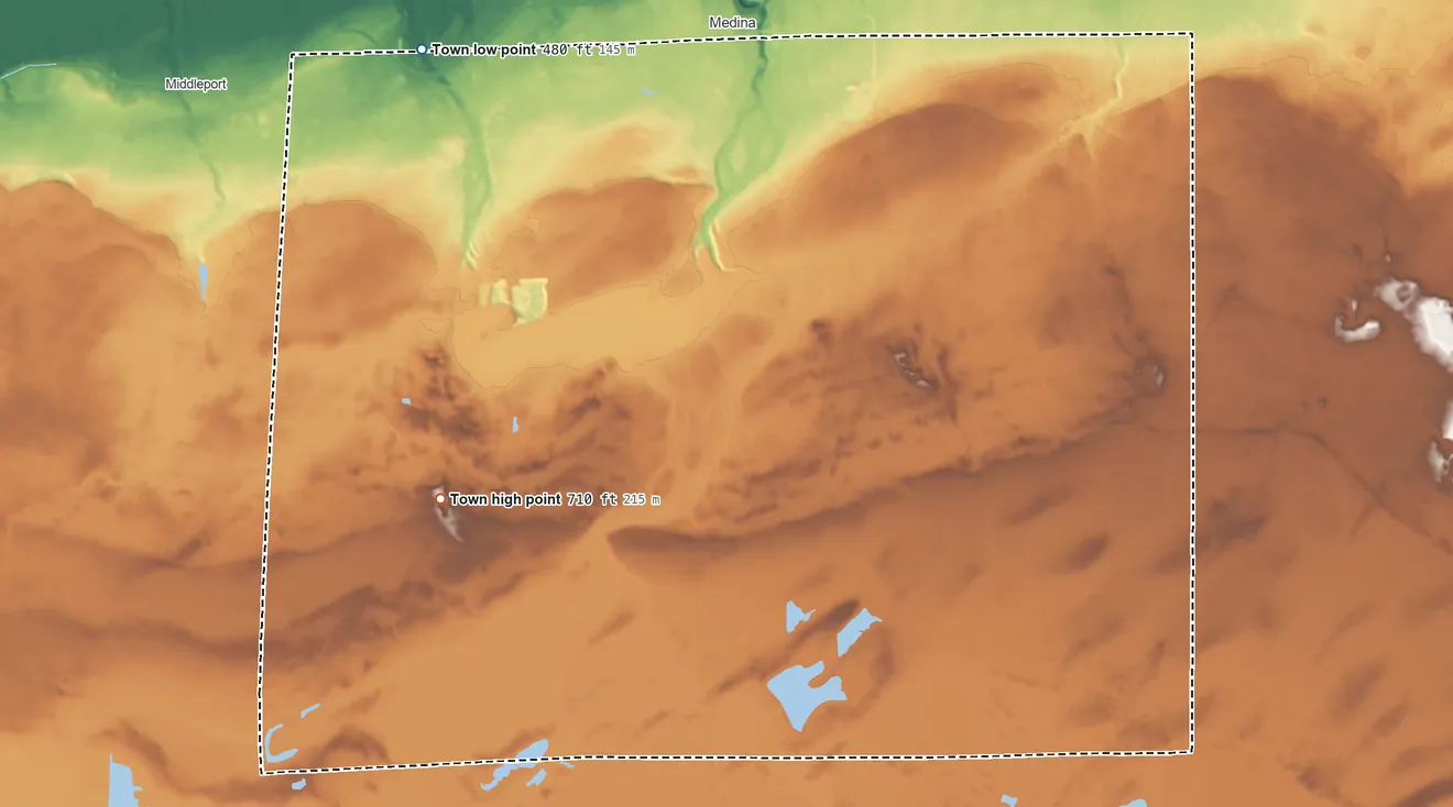 Topographic elevation map of Shelby, New York, shaded from 480 ft on the northwest side to 710 ft on the southwest side