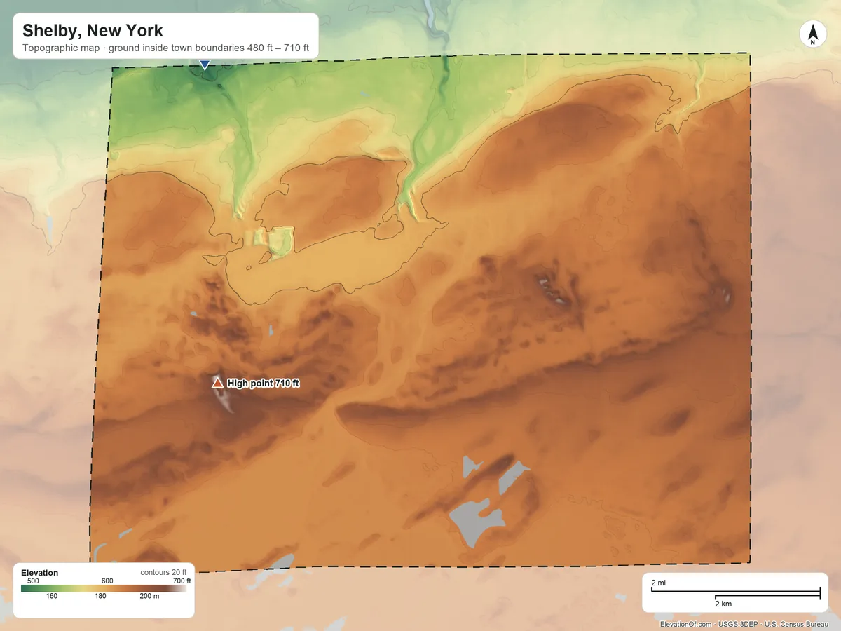 Topographic elevation map of Shelby, New York, shaded from 480 ft on the northwest side to 710 ft on the southwest side