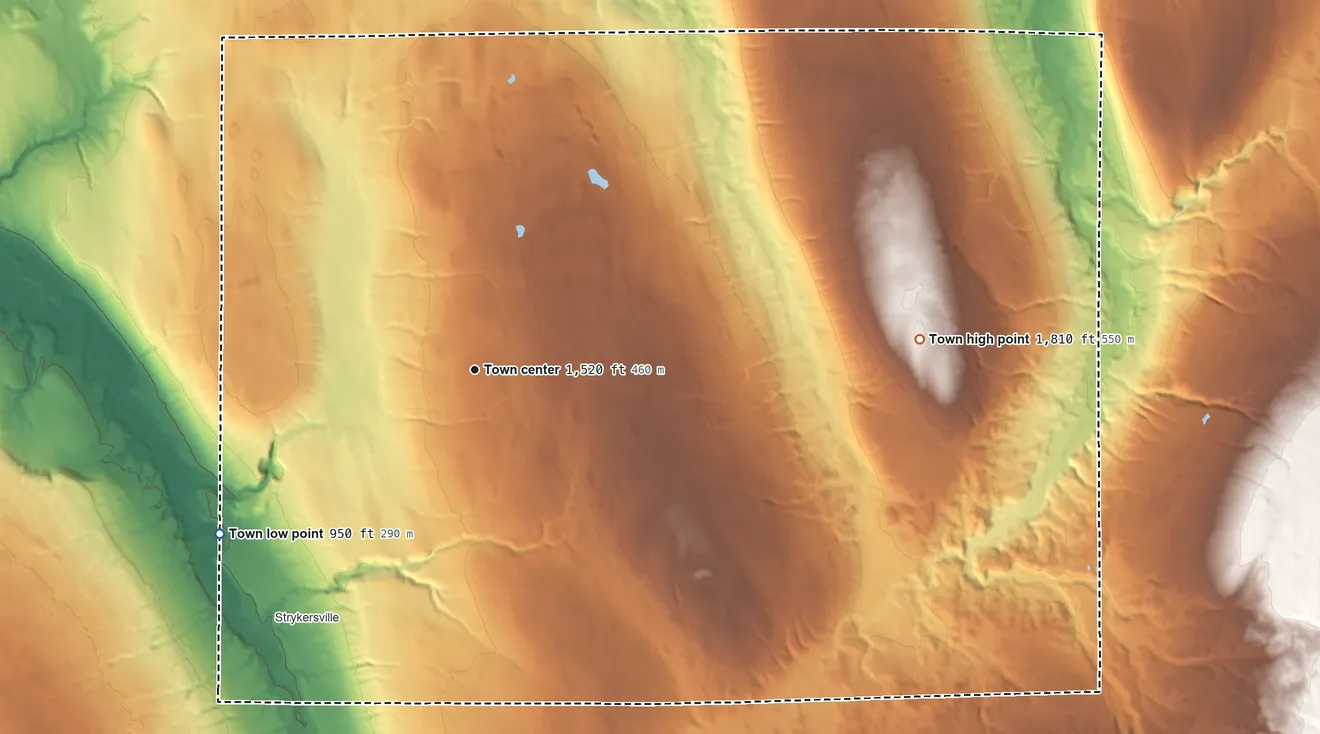 Topographic elevation map of Sheldon, New York, shaded from 950 ft on the southwest side to 1,810 ft on the east side
