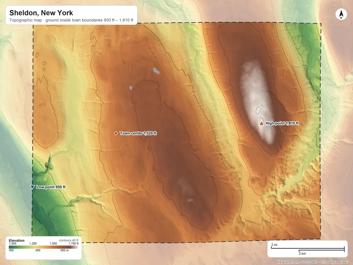 Topographic elevation map of Sheldon, New York, shaded from 950 ft on the southwest side to 1,810 ft on the east side
