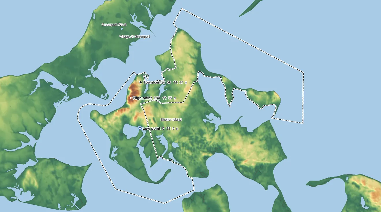 Topographic elevation map of Shelter Island Heights, New York, shaded from sea level level on West Neck Bay to 180 ft near the middle