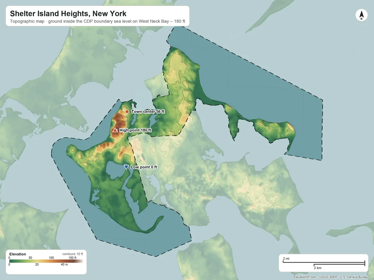 Topographic elevation map of Shelter Island Heights, New York, shaded from sea level level on West Neck Bay to 180 ft near the middle
