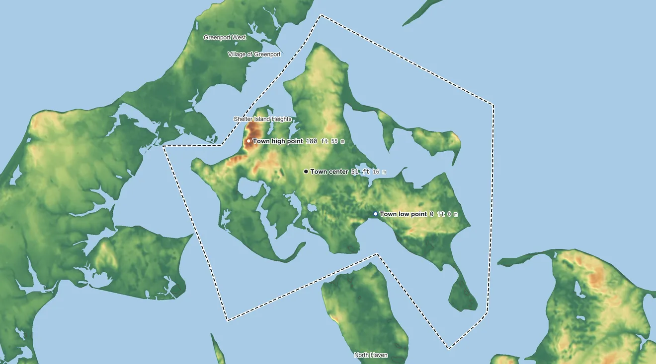 Topographic elevation map of Shelter Island, New York, shaded from sea level level on Shelter Island Sound to 180 ft on the northwest side