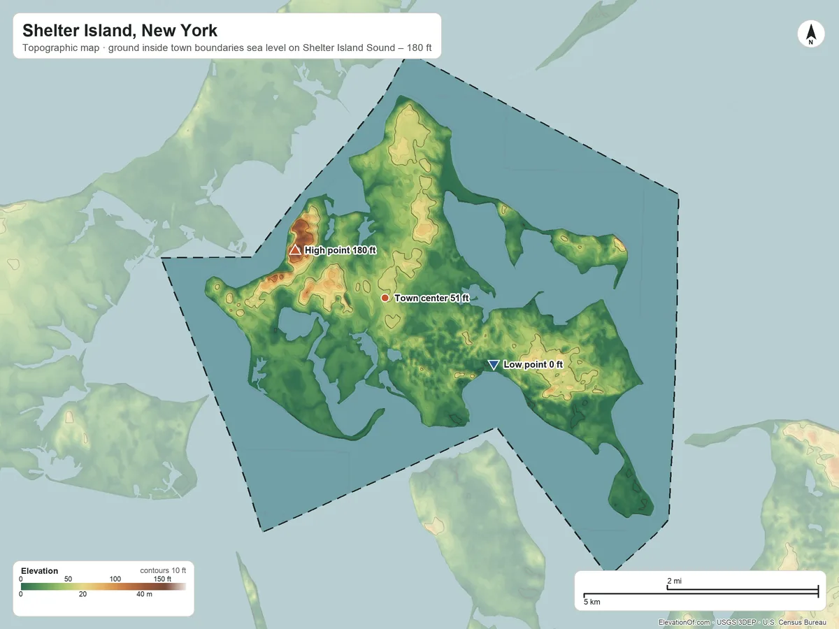 Topographic elevation map of Shelter Island, New York, shaded from sea level level on Shelter Island Sound to 180 ft on the northwest side