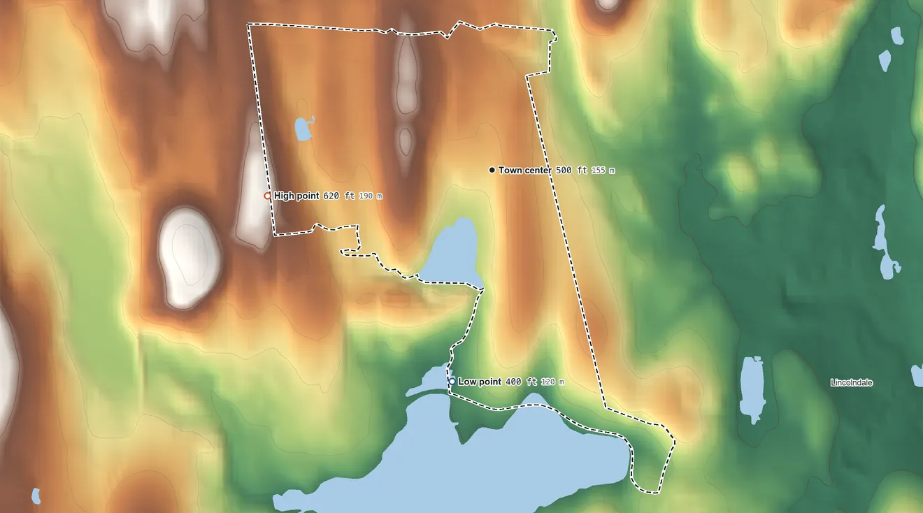 Topographic elevation map of Shenorock, New York, shaded from 400 ft on the south side to 620 ft on the west side