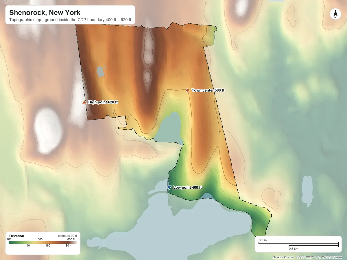 Topographic elevation map of Shenorock, New York, shaded from 400 ft on the south side to 620 ft on the west side