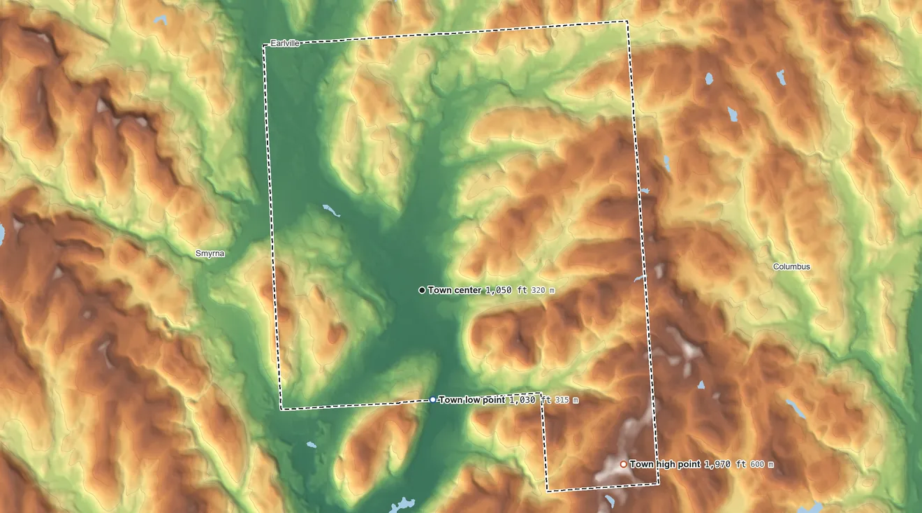 Topographic elevation map of Sherburne, New York, shaded from 1,030 ft on the south side to 1,970 ft on Skinner Hill