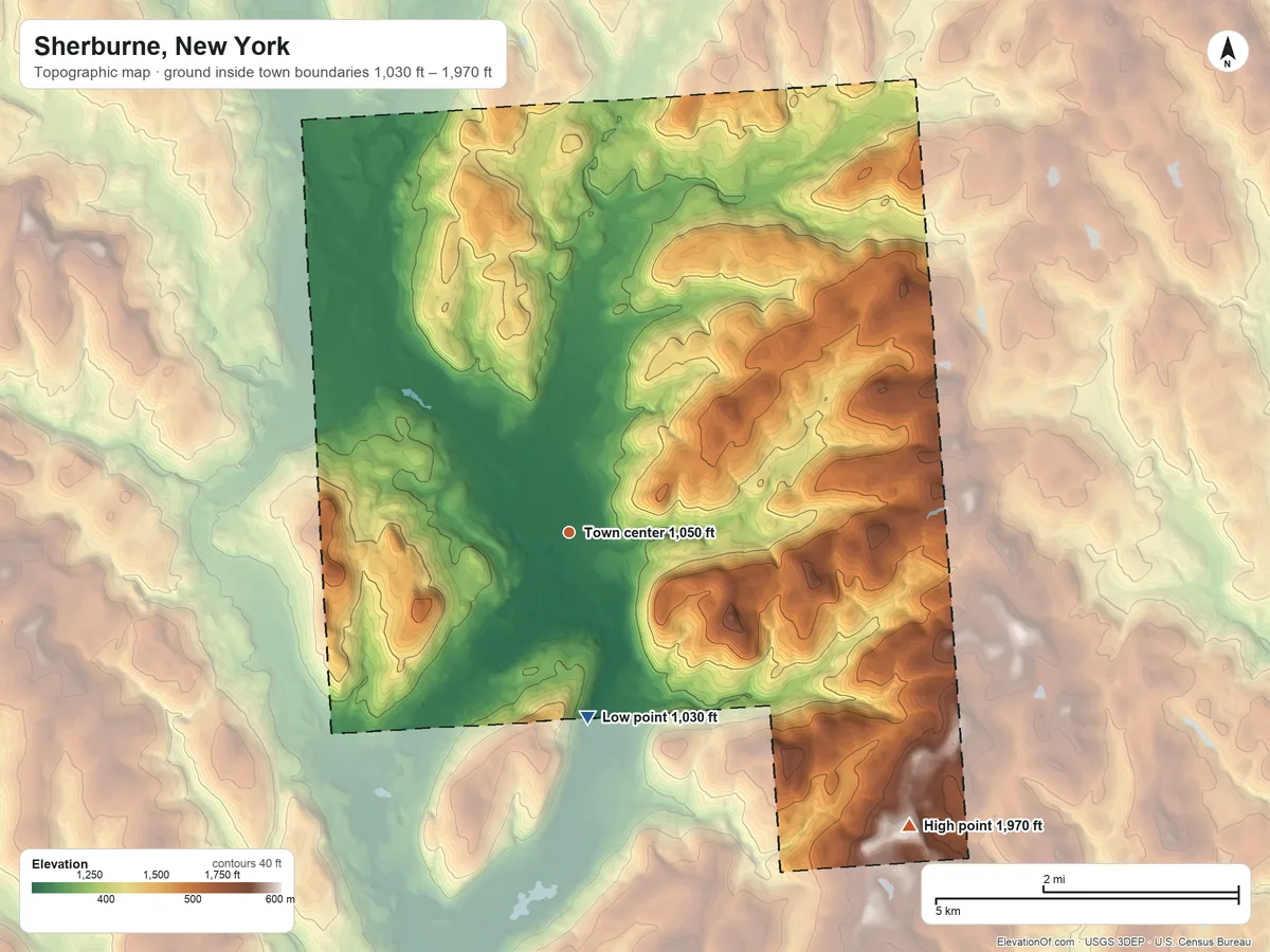 Topographic elevation map of Sherburne, New York, shaded from 1,030 ft on the south side to 1,970 ft on Skinner Hill