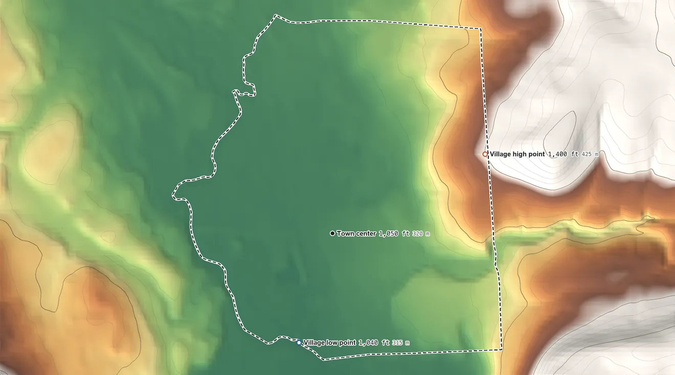 Topographic elevation map of Village of Sherburne, New York, shaded from 1,040 ft on the south side to 1,400 ft on the northeast edge, below higher ground just outside