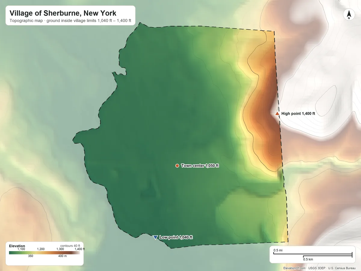 Topographic elevation map of Village of Sherburne, New York, shaded from 1,040 ft on the south side to 1,400 ft on the northeast edge, below higher ground just outside
